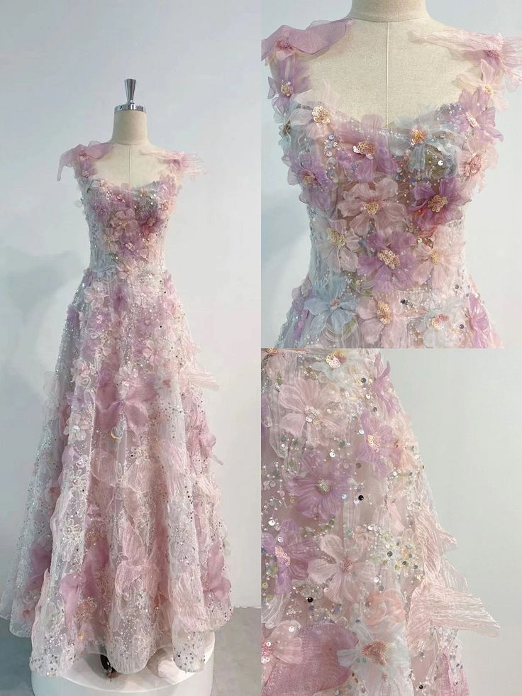 A Line 3D Floral Lace Skirt Tulle Bodice Floor-Length Formal Prom Dresses