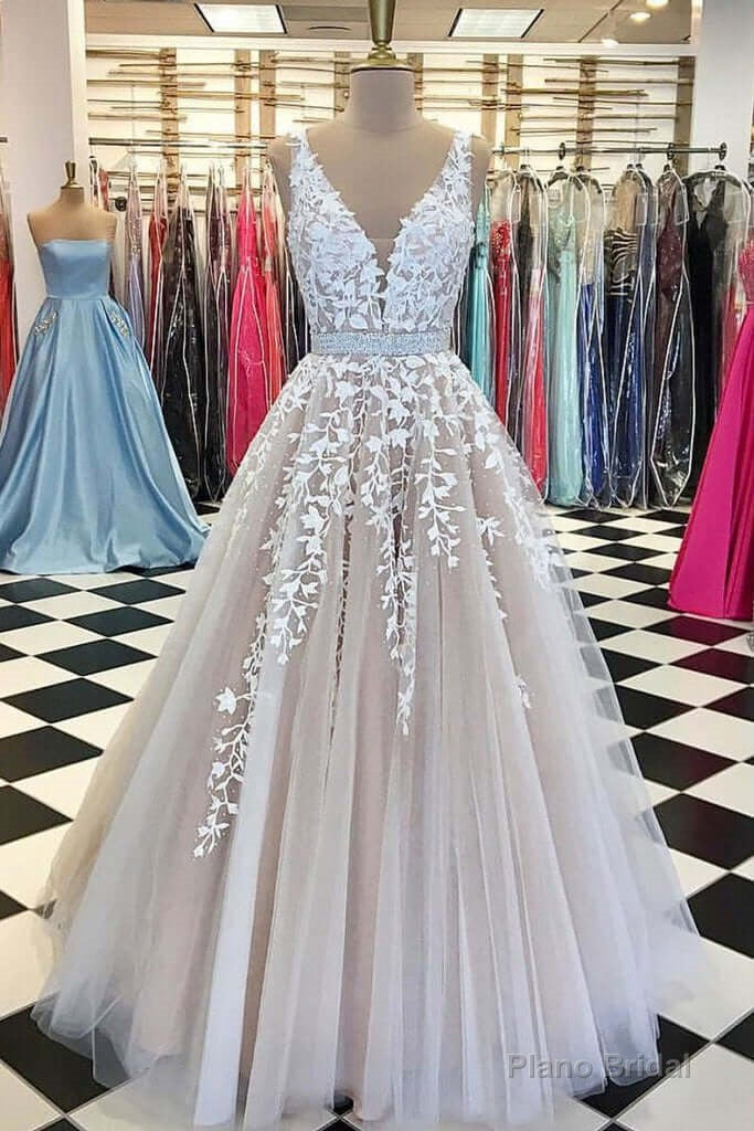 A Line Applique Tulle Prom Dress, Long V Neck Sleeveless Party Dress with Beading Secondary image
