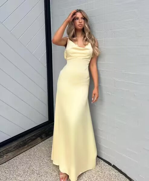 A Line Backless Formal Evening Party Dresses Silk Satin Long Formal Prom Dresses
