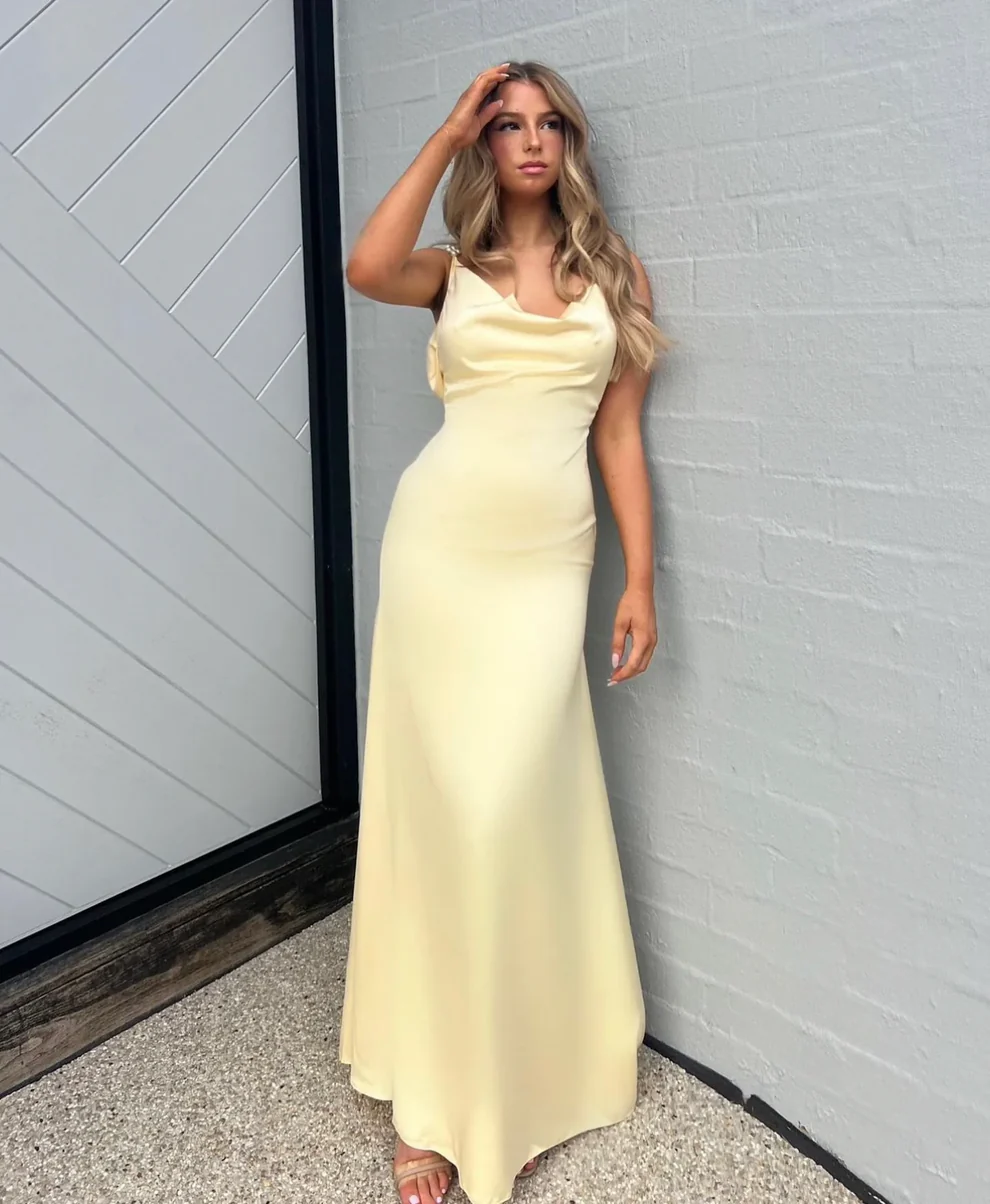 A Line Backless Formal Evening Party Dresses Silk Satin Long Formal Prom Dresses