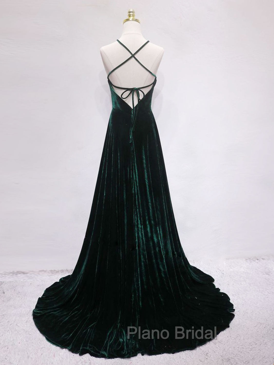 A-Line Backless Green Velvet Long Formal Prom Dresses, Green Formal Evening Dresses Secondary image