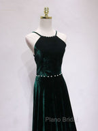 A-Line Backless Green Velvet Long Formal Prom Dresses, Green Formal Evening Dresses