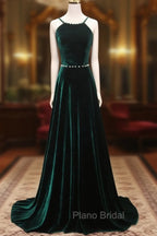 A-Line Backless Green Velvet Long Formal Prom Dresses, Green Formal Evening Dresses