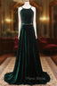 A-Line Backless Green Velvet Long Formal Prom Dresses, Green Formal Evening Dresses