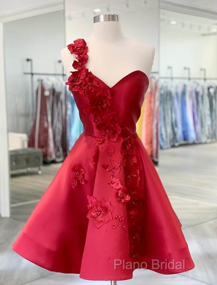 A-Line Backless Homecoming Dresses Red Mini Sleeveless One Shoulder Graduation Dresses With Appliques
