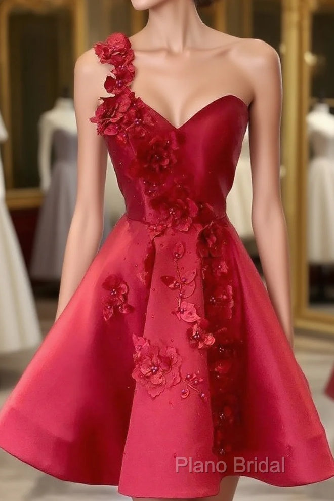 A-Line Backless Homecoming Dresses Red Mini Sleeveless One Shoulder Graduation Dresses With Appliques Main image