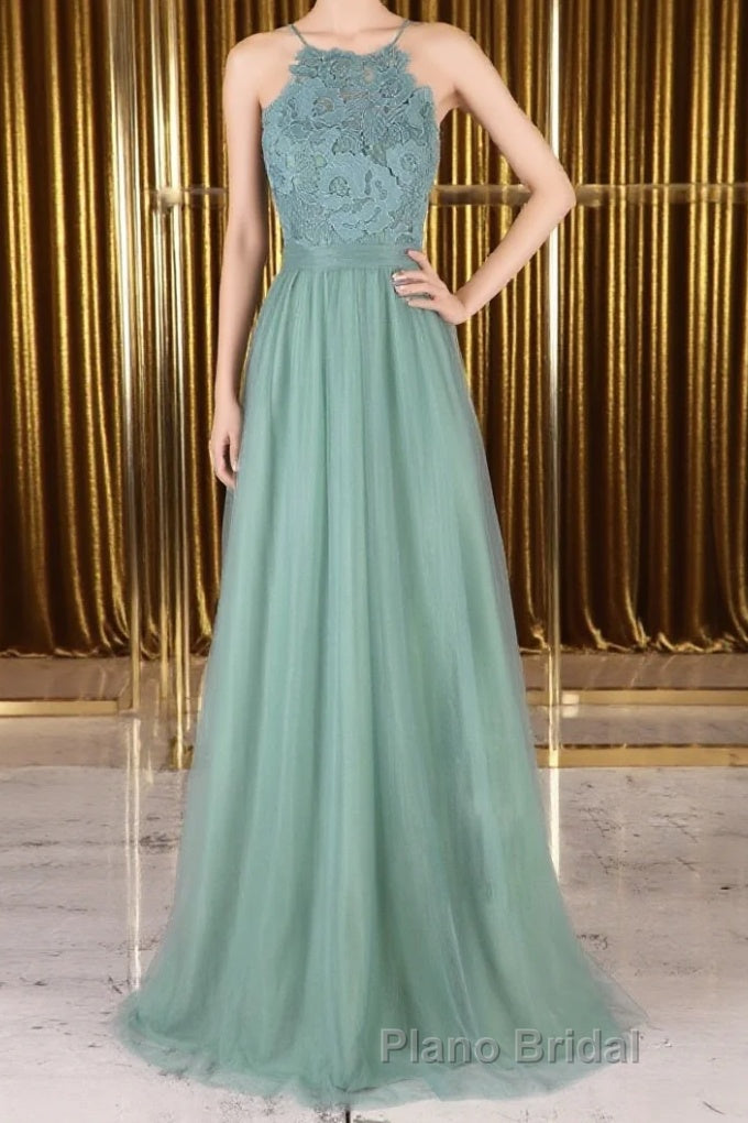 A Line Backless Lace Green Long Formal Prom Dresses, Backless Green Lace Formal Graduation Evening Dresses Main image