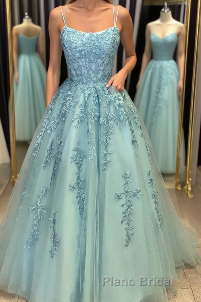 A Line Backless Lace Long Sky Blue Formal Prom Dress, Backless Sky Blue Lace Formal Dress, Sky Blue Evening Dress Main image