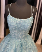 A Line Backless Lace Long Sky Blue Formal Prom Dress, Backless Sky Blue Lace Formal Dress, Sky Blue Evening Dress