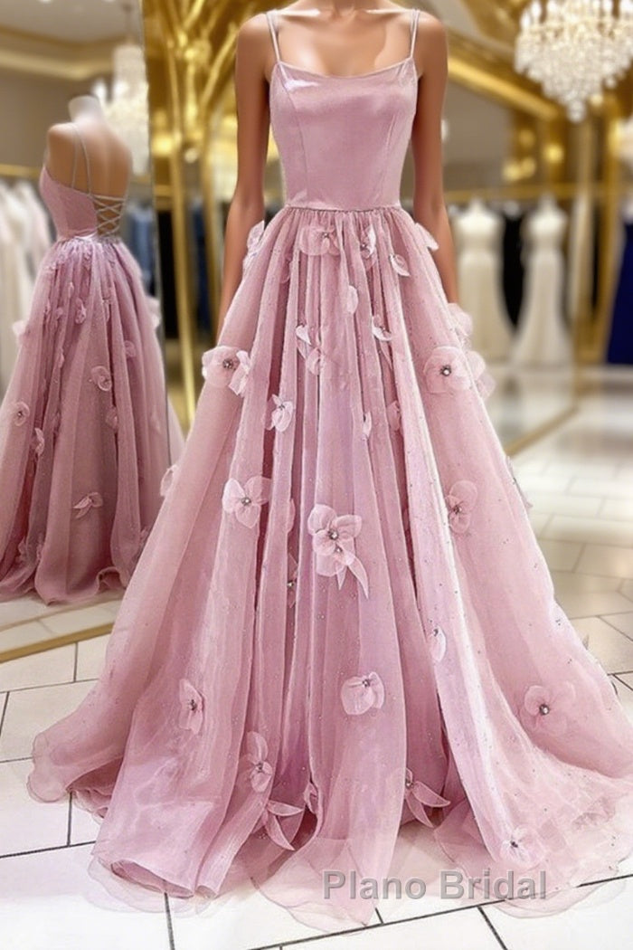 A Line Backless Pink Floral Long Formal Prom Dress, Pink Floral Formal Graduation Evening Dress