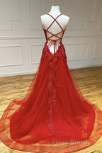 A Line Backless Red Lace Long Formal Prom Dress, Long Red Lace Formal Dress, Red Evening Dress