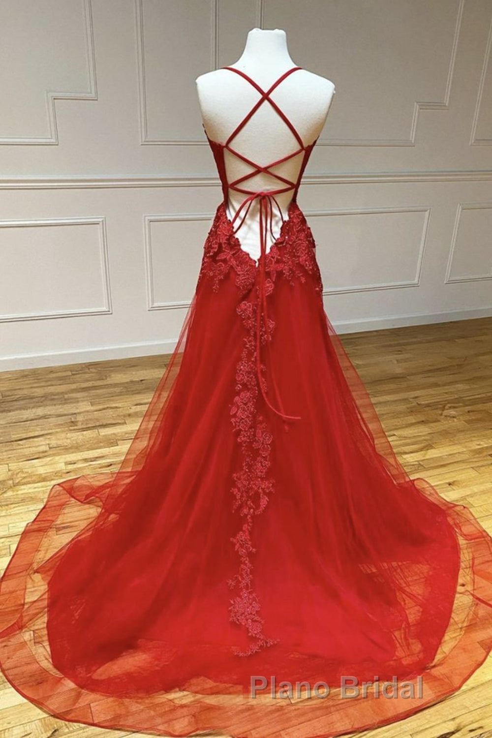 A Line Backless Red Lace Long Formal Prom Dress, Long Red Lace Formal Dress, Red Evening Dress