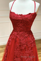A Line Backless Red Lace Long Formal Prom Dress, Long Red Lace Formal Dress, Red Evening Dress