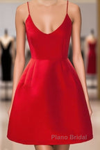 A Line Backless Short Red Formal Prom Dresses, Short Red Satin Homecoming Graduation Dresses, Red Formal Dresses