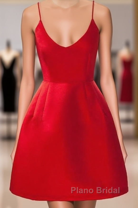 A Line Backless Short Red Formal Prom Dresses, Short Red Satin Homecoming Graduation Dresses, Red Formal Dresses Main image