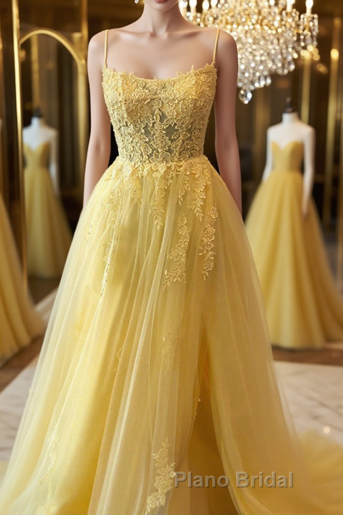 A Line Backless Yellow Lace Floral Long Formal Prom Dress with High Slit, Open Back Yellow Lace Formal Dress, Yellow Lace Evening Dress Main image