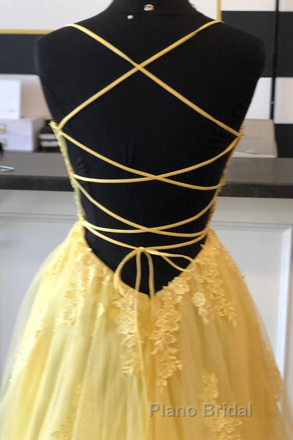 A Line Backless Yellow Lace Floral Long Formal Prom Dress with High Slit, Open Back Yellow Lace Formal Dress, Yellow Lace Evening Dress Secondary image