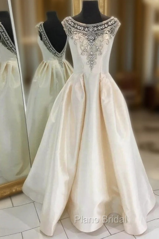 A-Line Bateau Backless Ivory Satin Beading Long Formal Prom Dresses Main image