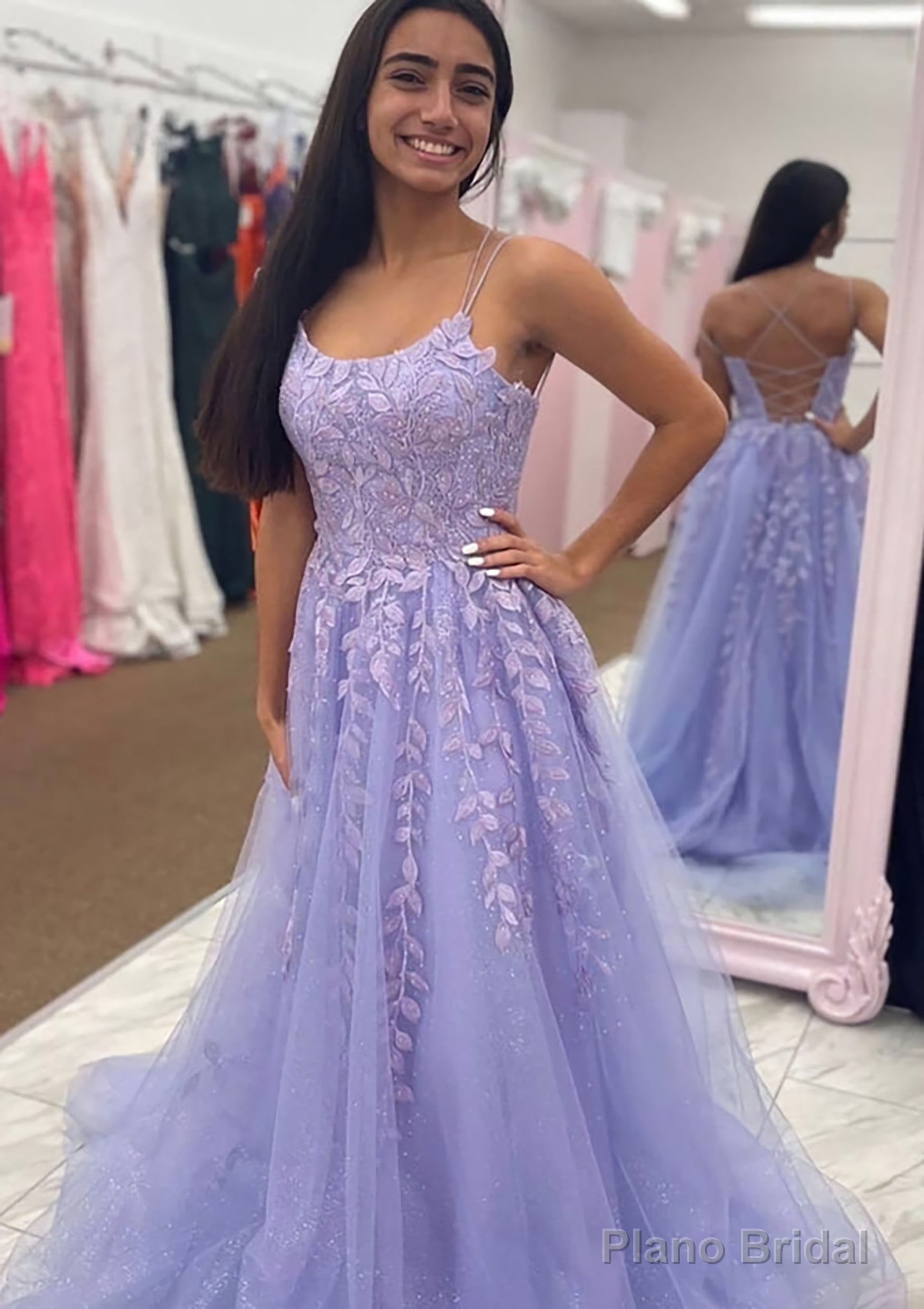 A-line Bateau Court Train Tulle Glitter Prom Dresses With Appliqued Beading Main image