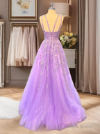 A-line Bateau Long Sleeves Appliques Lace Floor-Length Tulle Dress