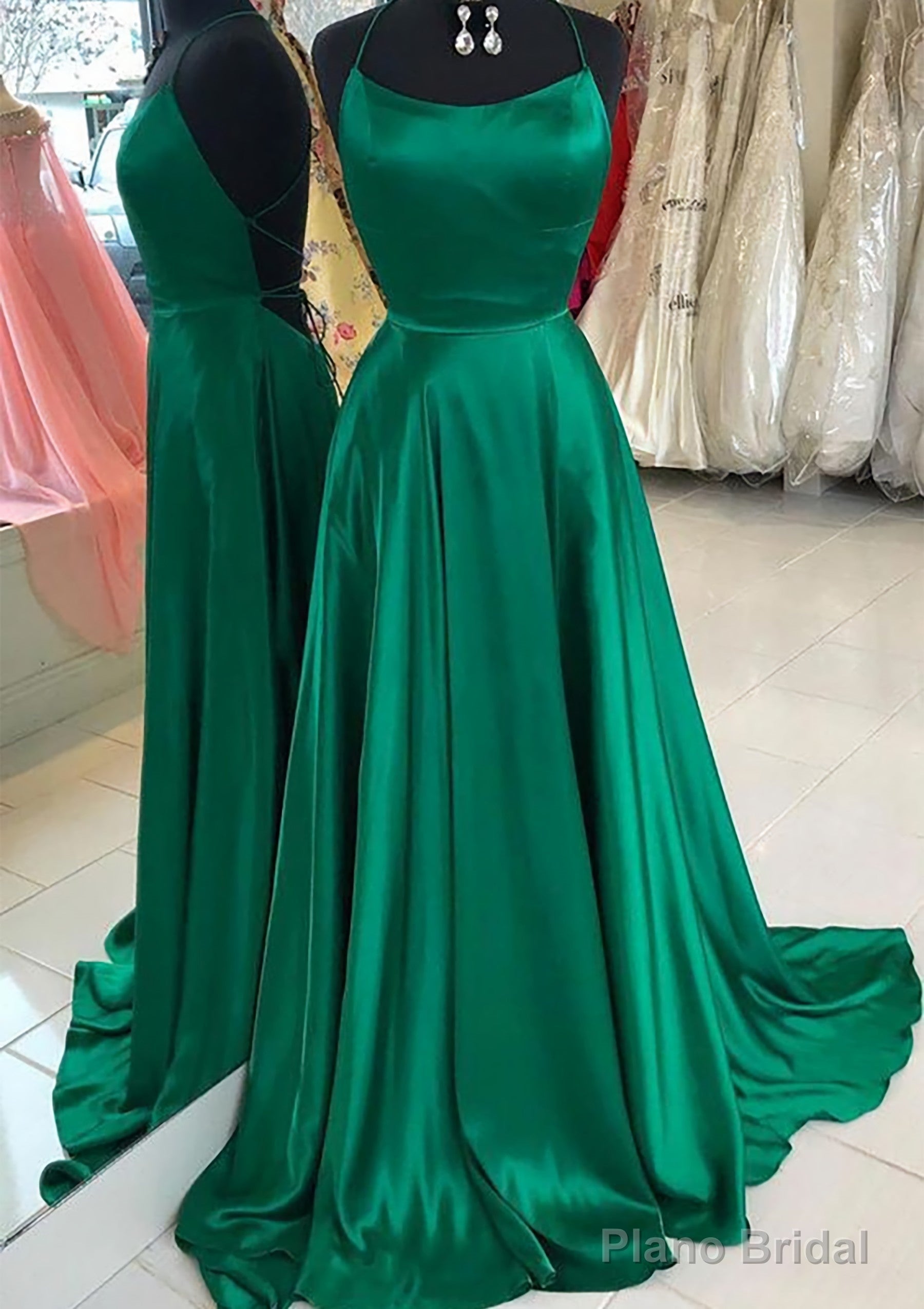 A-line Bateau Spaghetti Straps Sweep Train Charmeuse Prom Dresses Main image