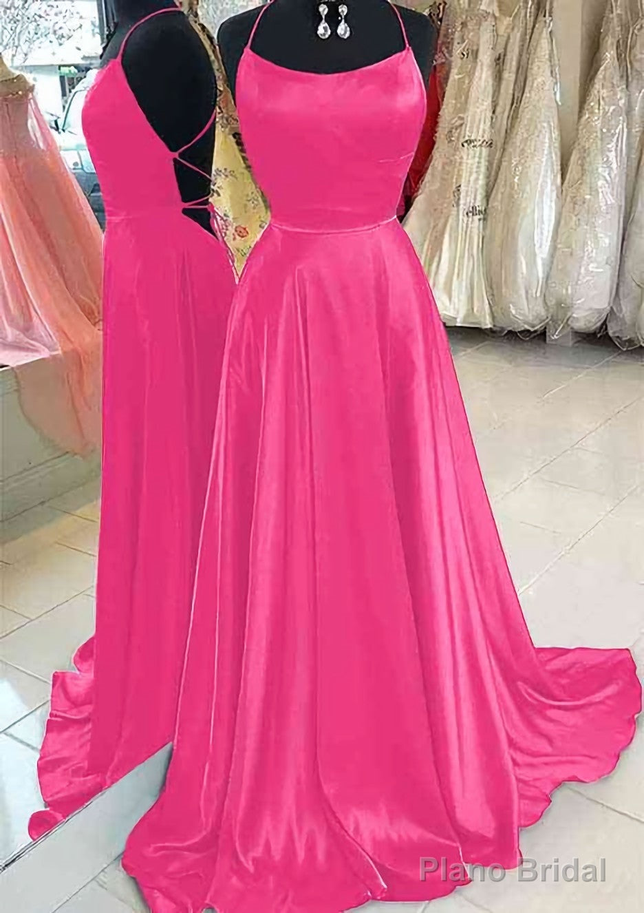 A-line Bateau Spaghetti Straps Sweep Train Charmeuse Prom Dresses