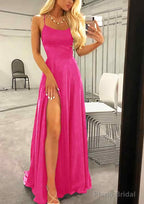 A-line Bateau Spaghetti Straps Sweep Train Charmeuse Prom Dresses With Split