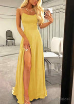 A-line Bateau Spaghetti Straps Sweep Train Charmeuse Prom Dresses With Split