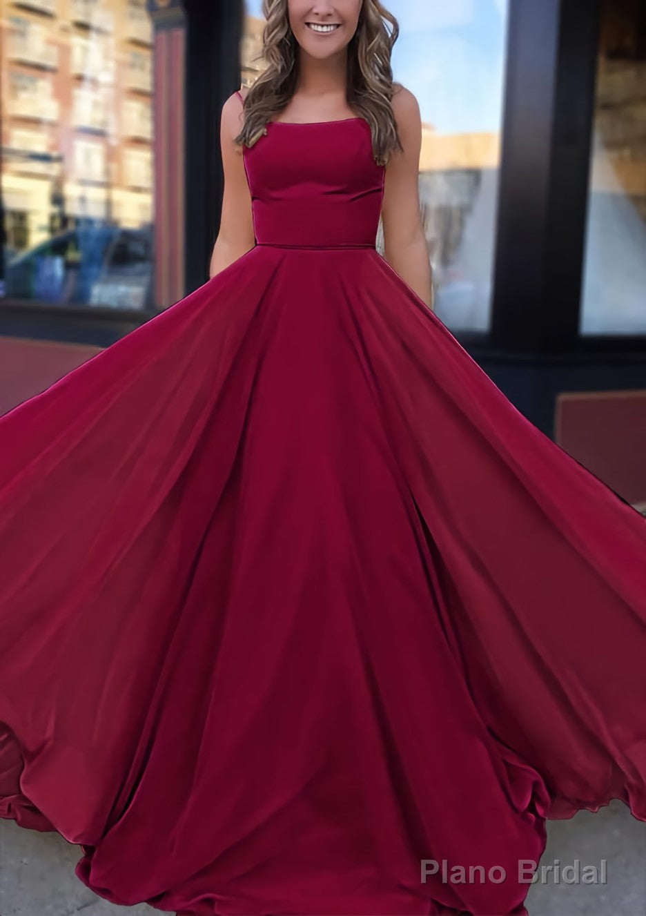 A-line Bateau Spaghetti Straps Sweep Train Chiffon Prom Dresses