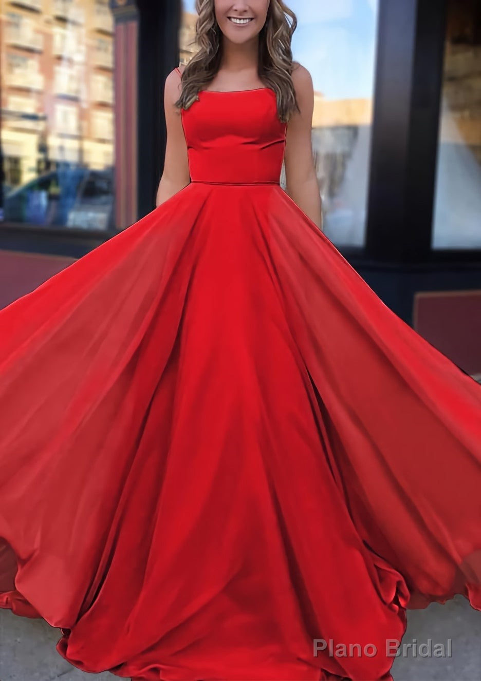 A-line Bateau Spaghetti Straps Sweep Train Chiffon Prom Dresses
