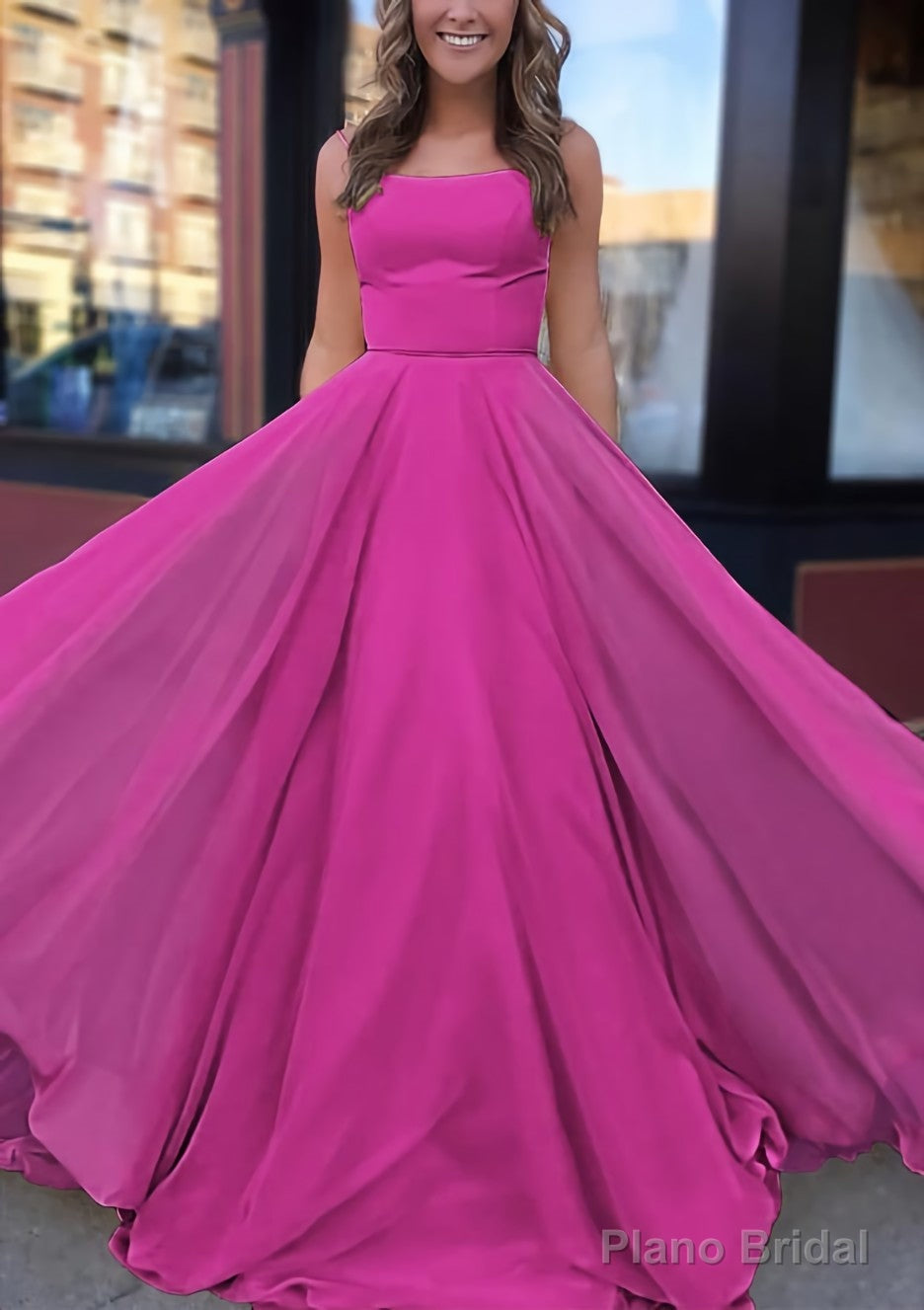 A-line Bateau Spaghetti Straps Sweep Train Chiffon Prom Dresses