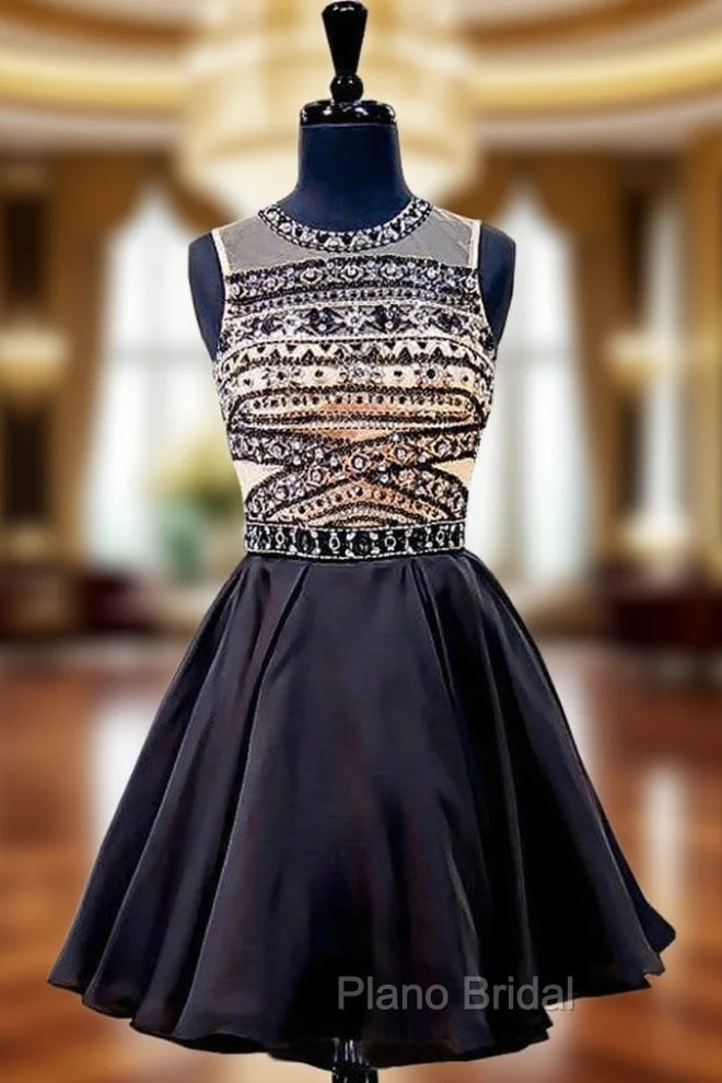 A-line Beaded Crystals Backless Black Short Homecoming Dresses