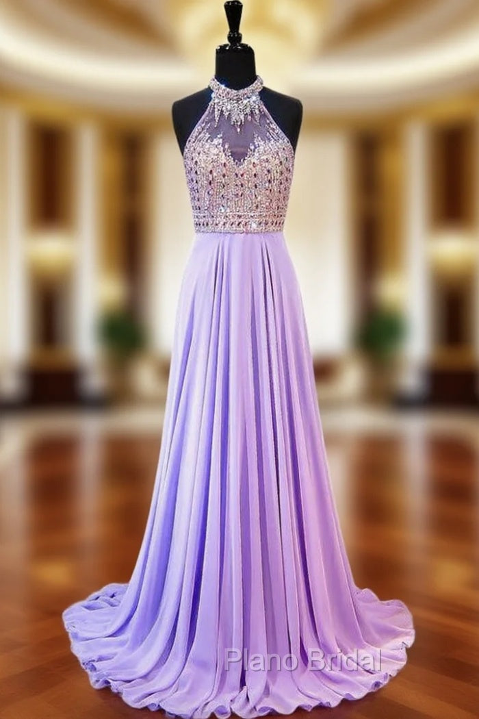 A-line Beaded Crystals Floor Length Backless Lilac Chiffon Formal Prom Dresses Main image