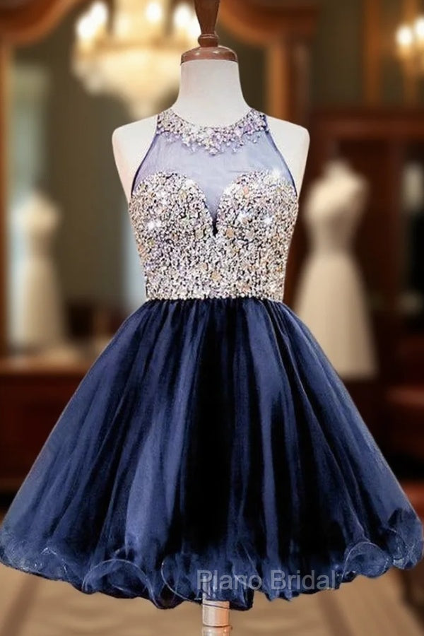 A-line Beaded Crystals Navy Blue Party Homecoming Dresses Main image
