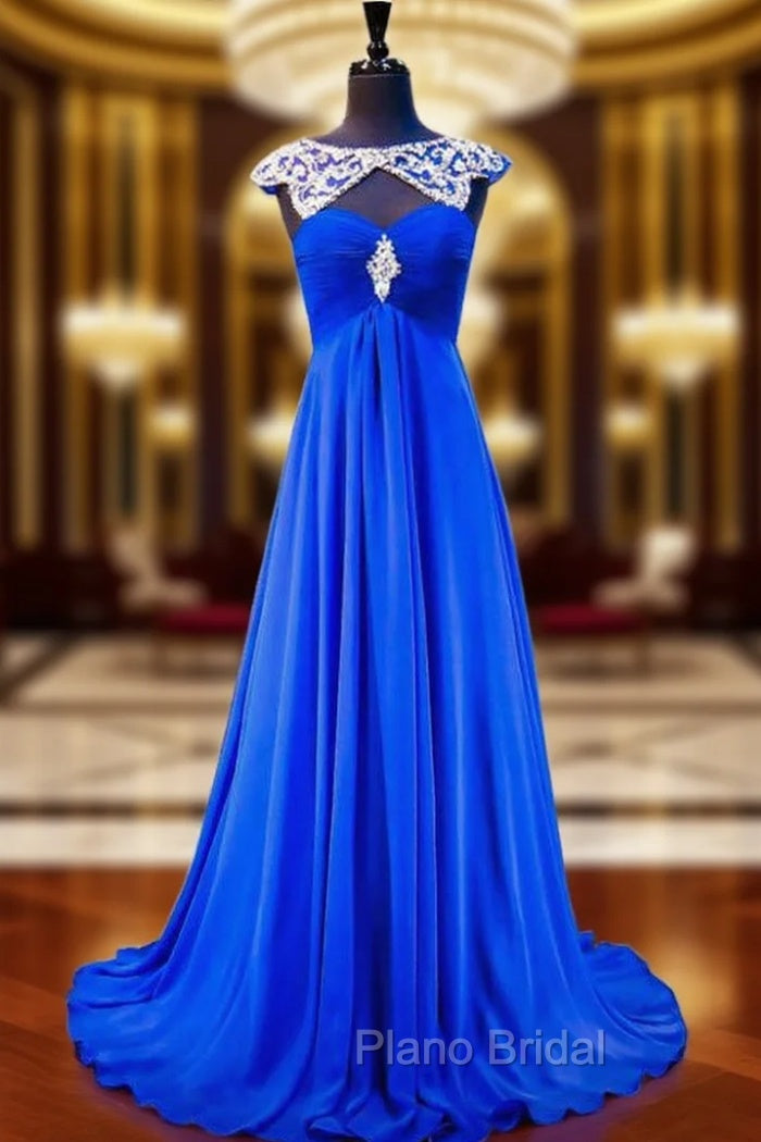 A-line Beaded Crystals Royal Blue Backless Chiffon Formal Prom Dresses Main image