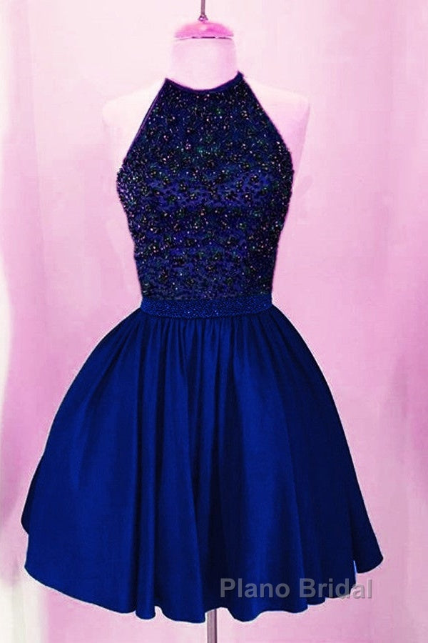 A-Line Beaded Halter Keyhole Back Satin Homecoming Dresses Short Secondary image