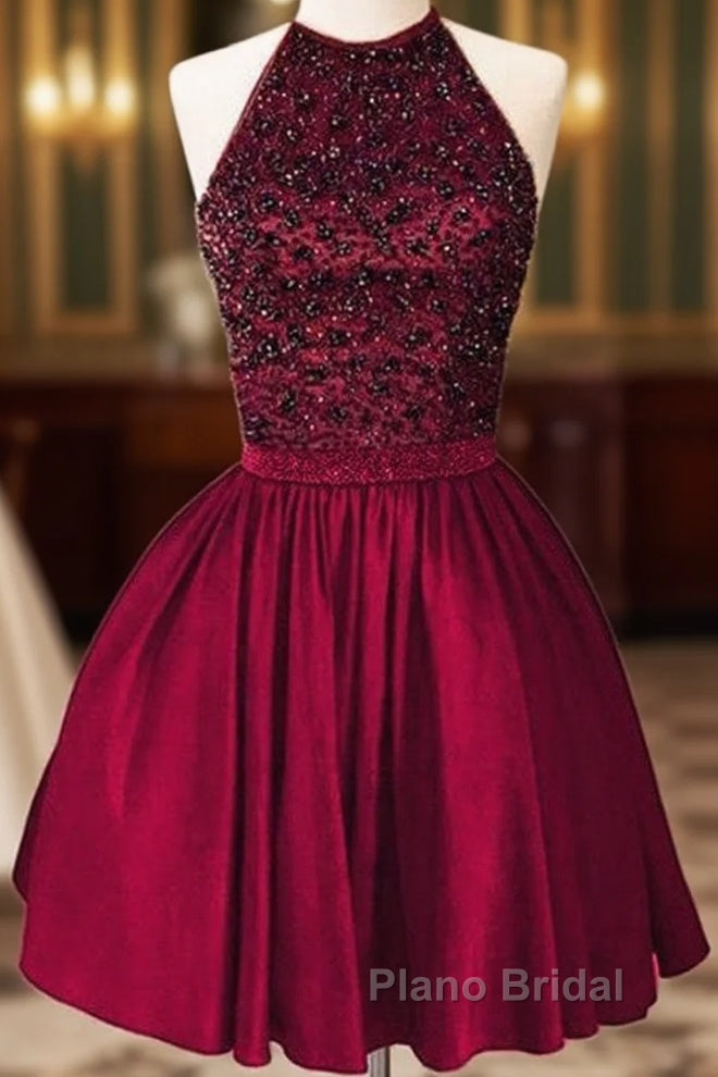 A-Line Beaded Halter Keyhole Back Satin Homecoming Dresses Short