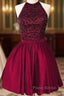 A-Line Beaded Halter Keyhole Back Satin Homecoming Dresses Short