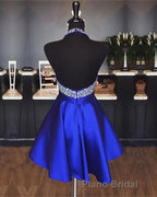 A-line Beaded Halter Satin Formal Prom Dresses Short Open Back Homecoming Dresses