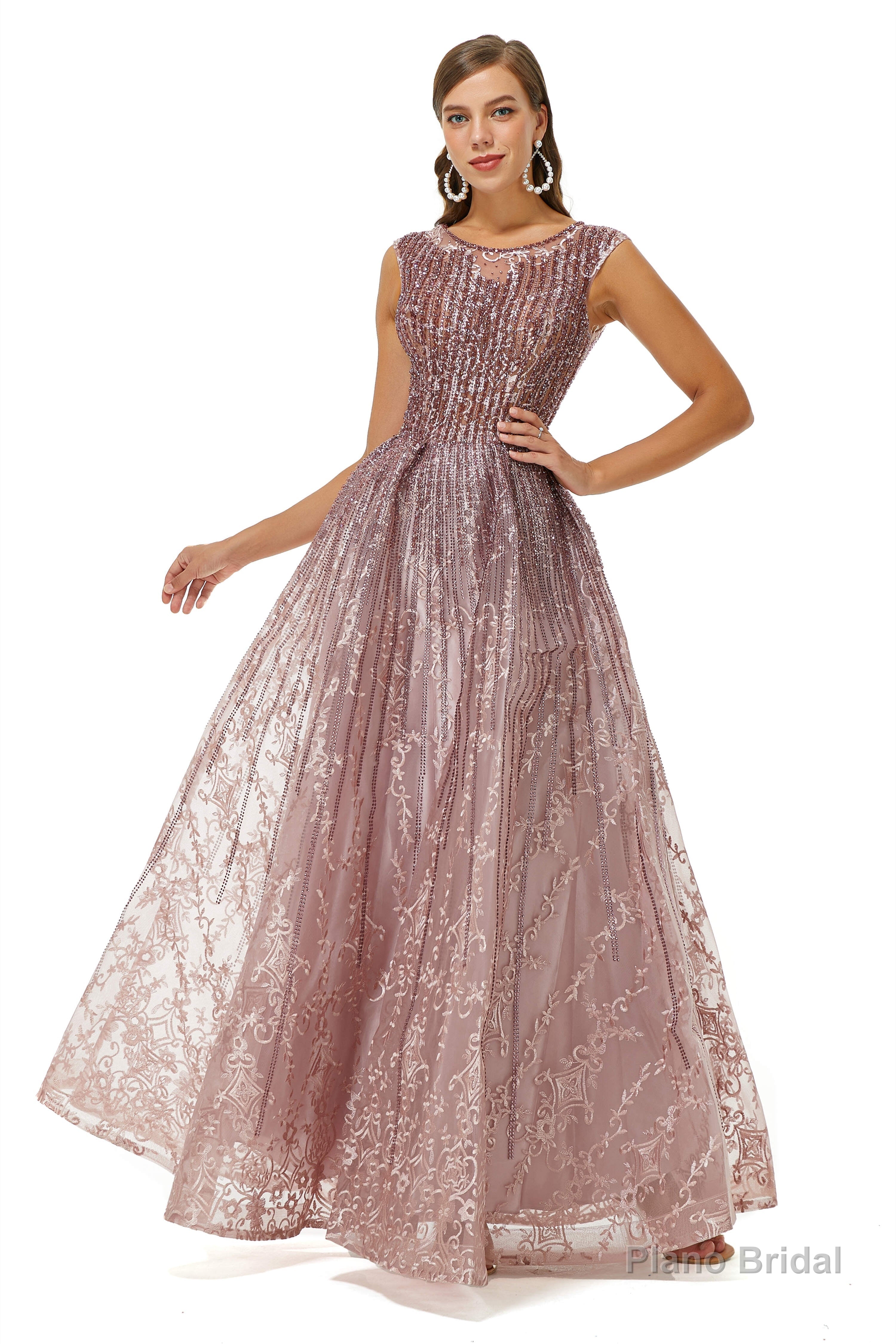 A-Line Beaded Jewel Appliques Lace Floor-Length Cap Sleeve Prom Dresses Secondary image
