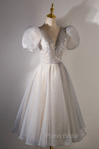 A-Line Beaded Short Formal Prom Dresses, Cute Short Sleeve Homecoming Party Dresses