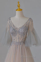 A-Line Beaded V-Neckline Tulle Formal Dresses, Puffy Sleeves Long Formal Prom Dresses