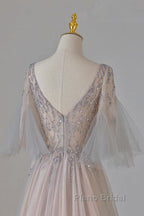 A-Line Beaded V-Neckline Tulle Formal Dresses, Puffy Sleeves Long Formal Prom Dresses