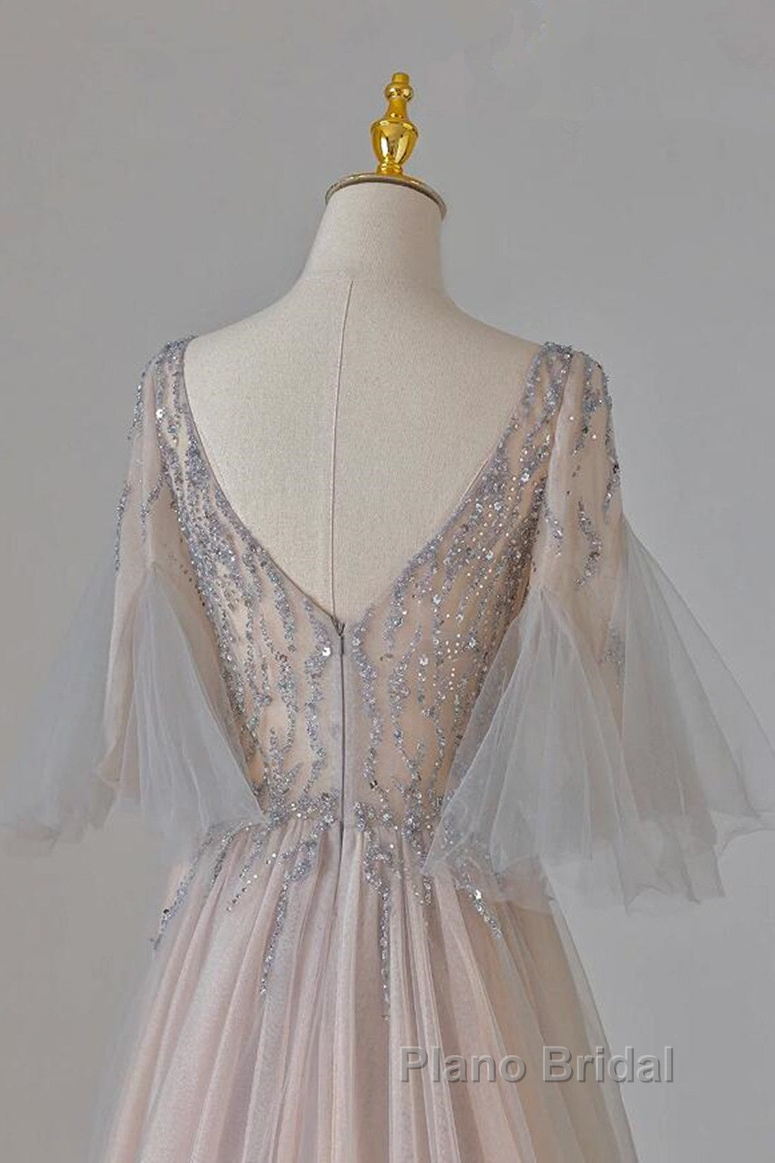 A-Line Beaded V-Neckline Tulle Formal Dresses, Puffy Sleeves Long Formal Prom Dresses