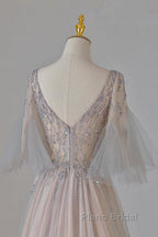 A-Line Beaded V-Neckline Tulle Formal Dresses, Puffy Sleeves Long Formal Prom Dresses