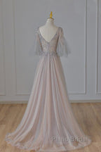 A-Line Beaded V-Neckline Tulle Formal Dresses, Puffy Sleeves Long Formal Prom Dresses