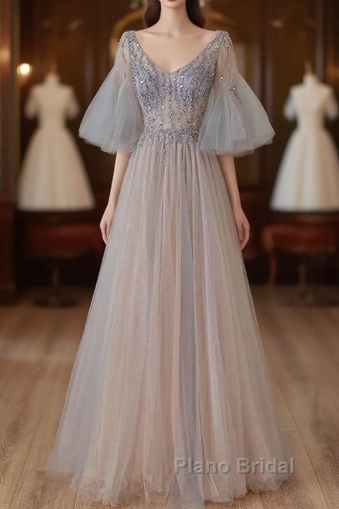 A-Line Beaded V-Neckline Tulle Formal Dresses, Puffy Sleeves Long Formal Prom Dresses Main image