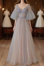 A-Line Beaded V-Neckline Tulle Formal Dresses, Puffy Sleeves Long Formal Prom Dresses