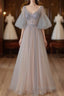 A-Line Beaded V-Neckline Tulle Formal Dresses, Puffy Sleeves Long Formal Prom Dresses
