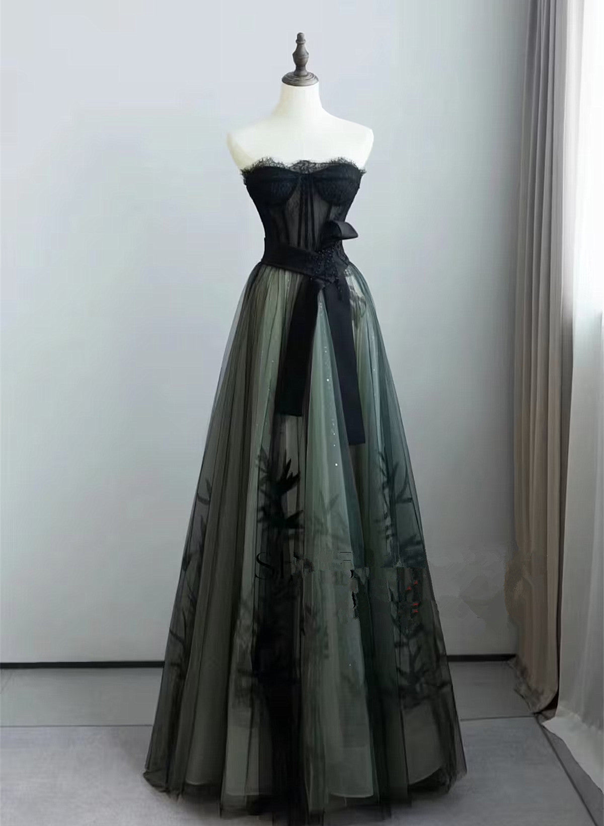 A-Line Black And Green Tulle With Lace Long Formal Prom Dresses, Tulle Party Dresses